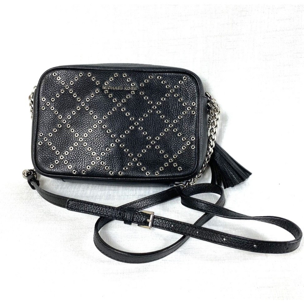 Michael Kors Ginny Silver Grommet Accented Small Crossbody Bag Purse Black